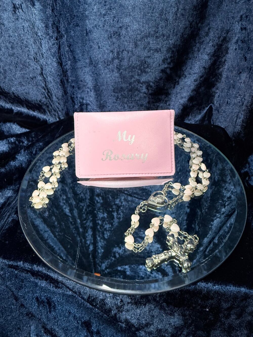 Vintage Heart Bead Rosary - Pink Case and Religious Jewelry - "My Rosary"